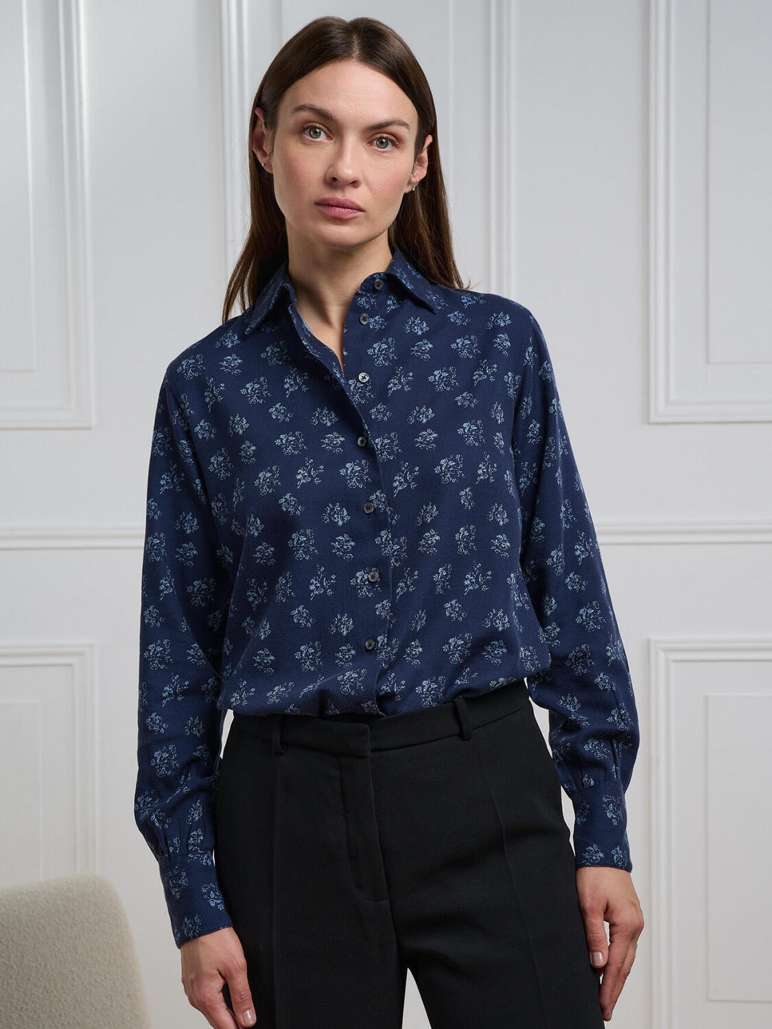 Albane marineblauw flanellen overhemd met bloemenprint