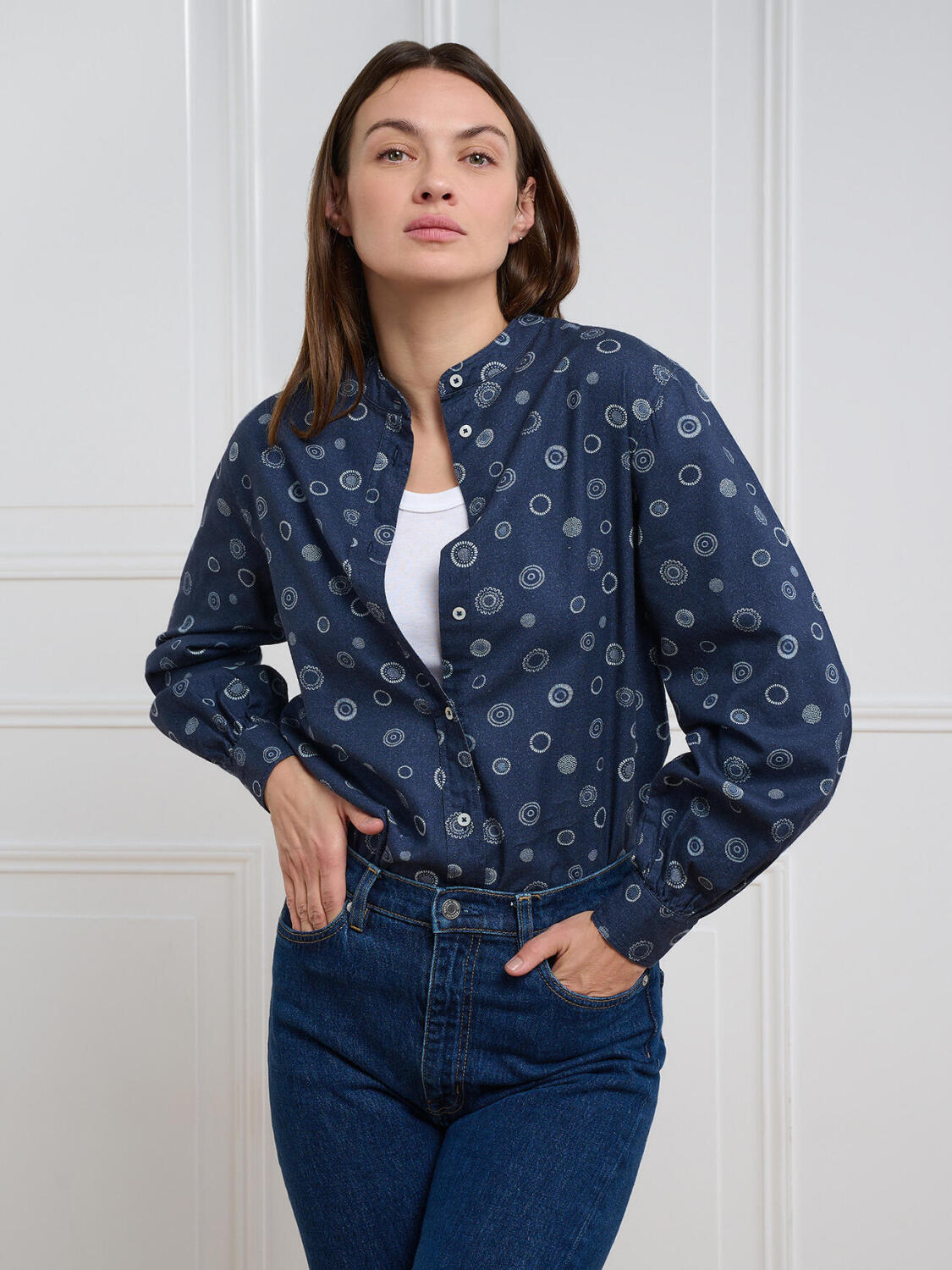 Helene marineblauw flanellen overhemd met patroon