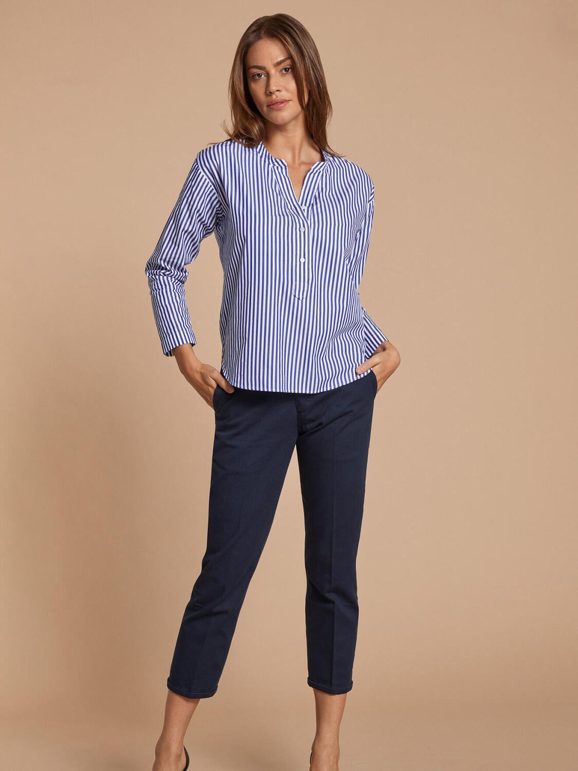 Romy navy overhemd met strepen