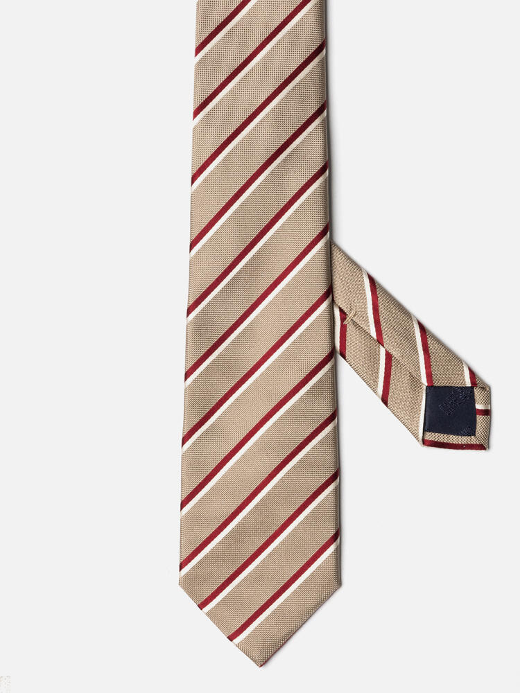 Corbata Bob de seda beige con rayas rojas