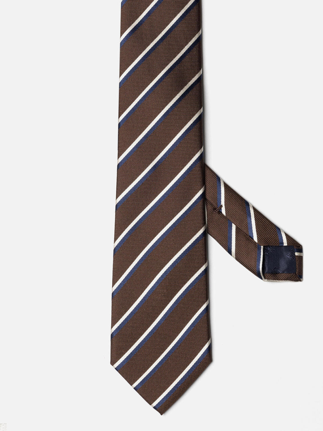 Bob stropdas van bruine zijde met marinestrepen