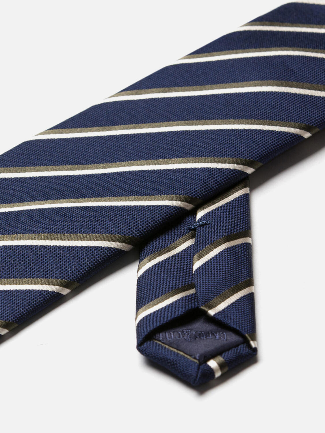Cravatta Bob in seta blu navy con righe kaki