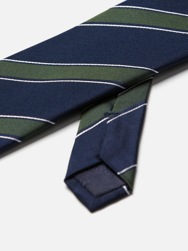 Navy silk tie with khaki stripes