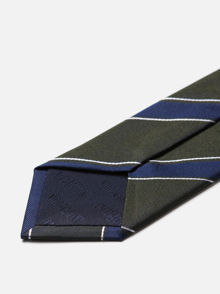 Khaki silk tie with navy stripes