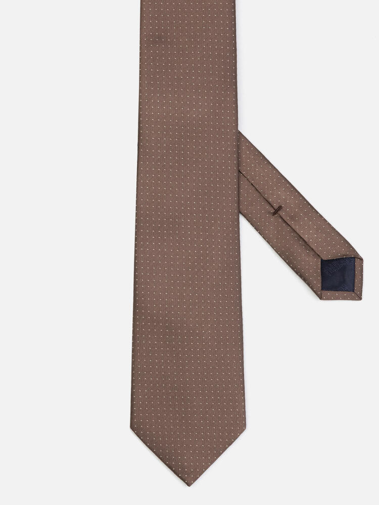 Cravate Leo en soie marron &agrave; pois beige