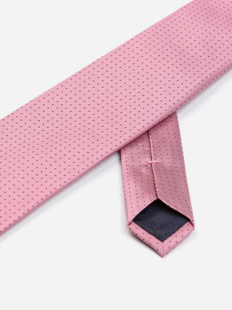 Cravate Leo en soie rose &agrave; pois marron