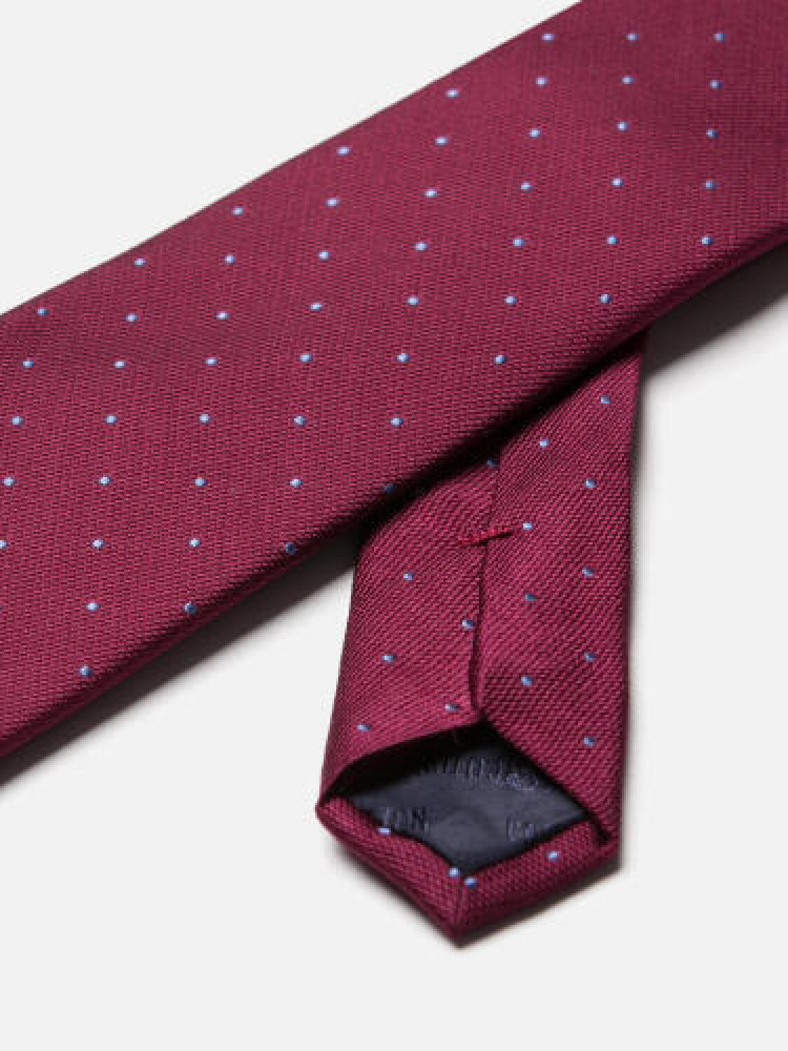 Corbata Paolo de seda burdeos con lunares celestes