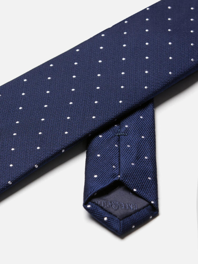 Corbata Paolo de seda azul marino con lunares grises