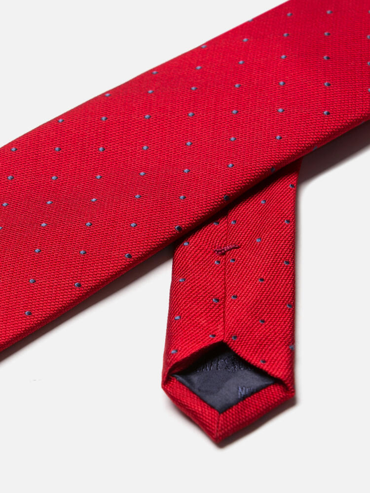 Corbata Paolo de seda roja con lunares celestes