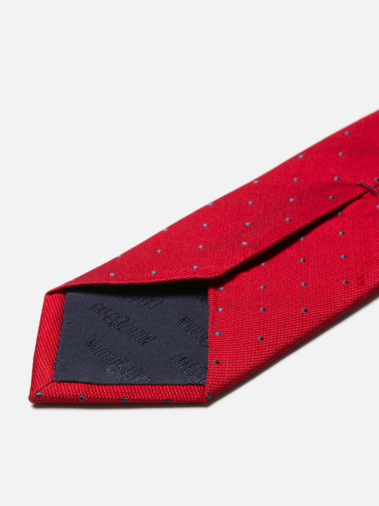 Corbata Paolo de seda roja con lunares celestes