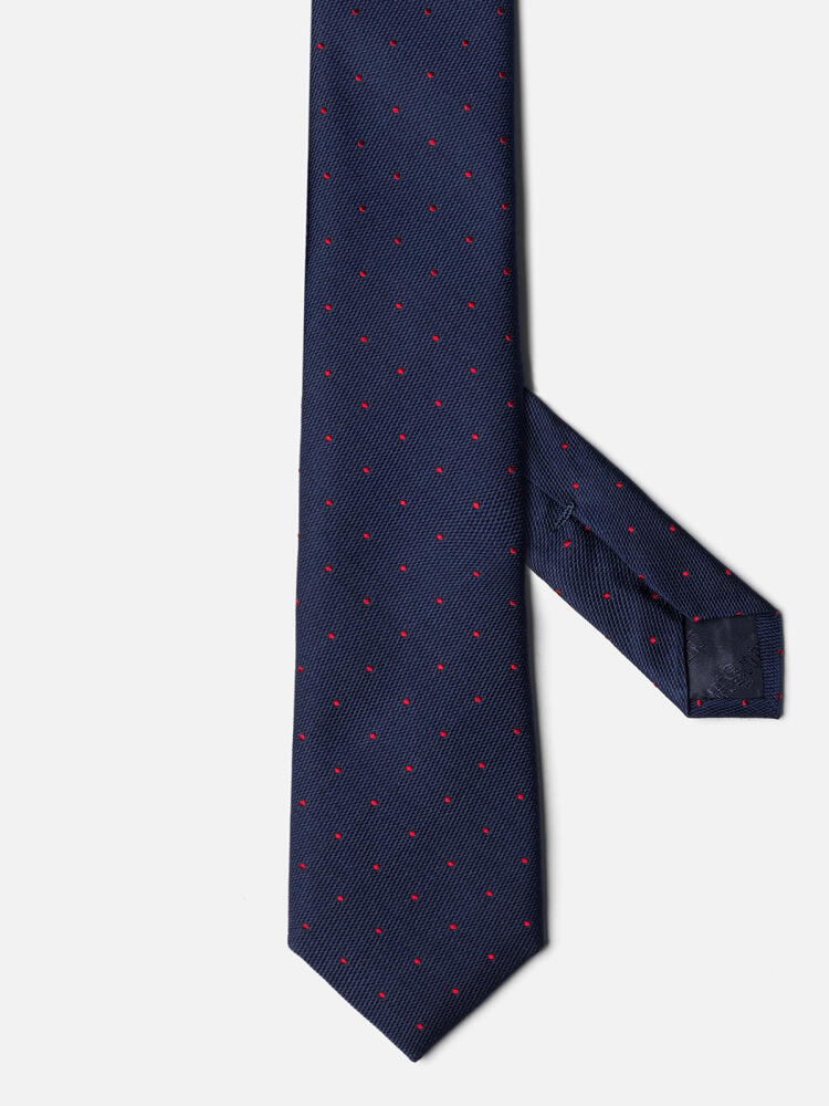 Corbata Paolo de seda azul marino con lunares rojos