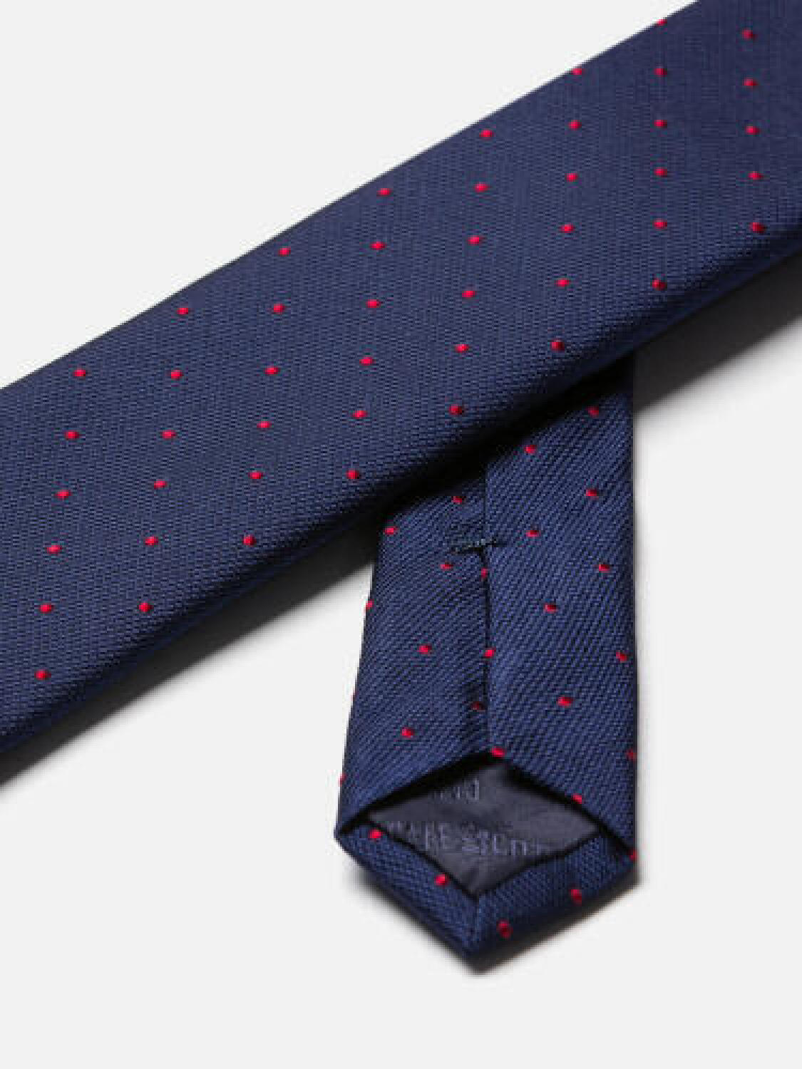 Navy Paolo silk tie with red polka dots