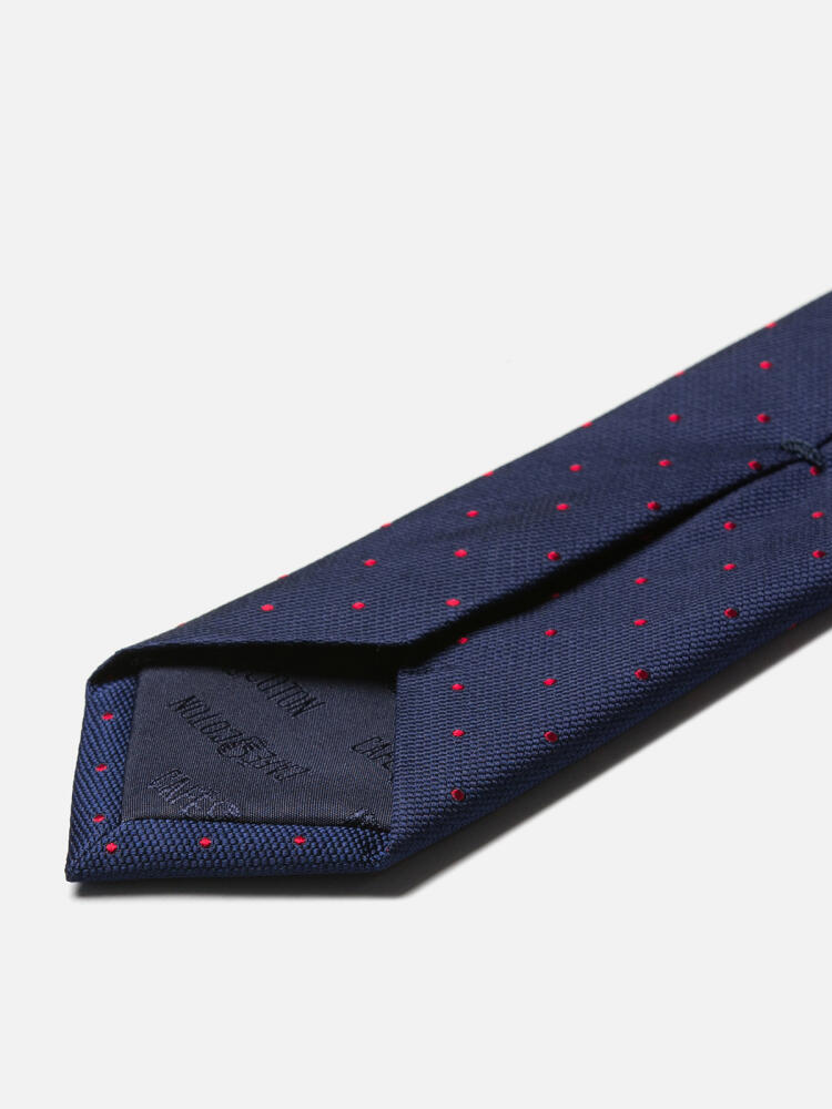 Corbata Paolo de seda azul marino con lunares rojos