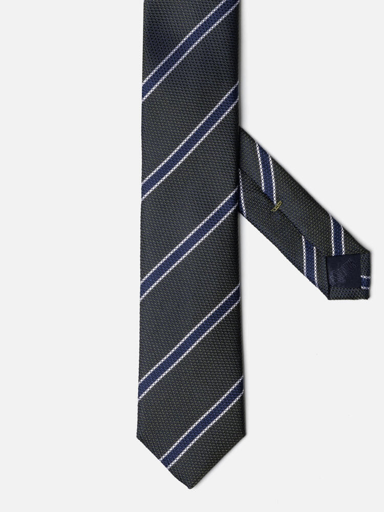 Slim khaki silk tie with navy stripes