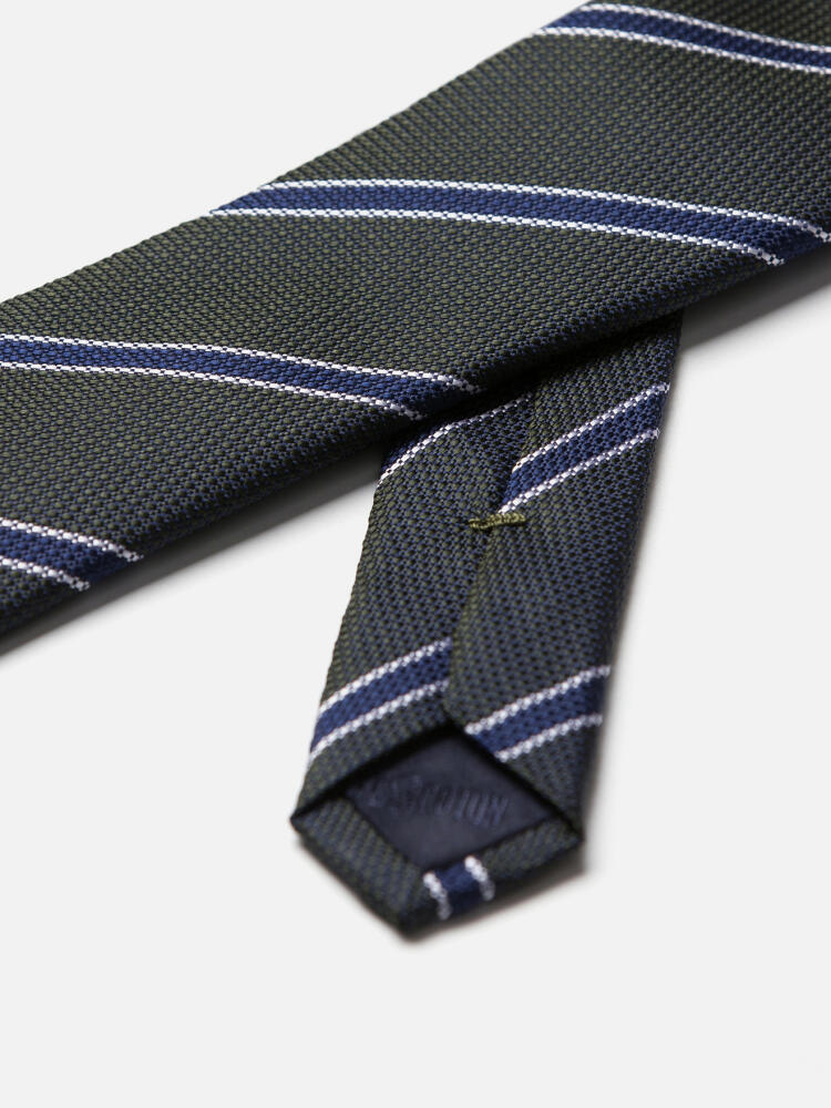 Slim khaki silk tie with navy stripes