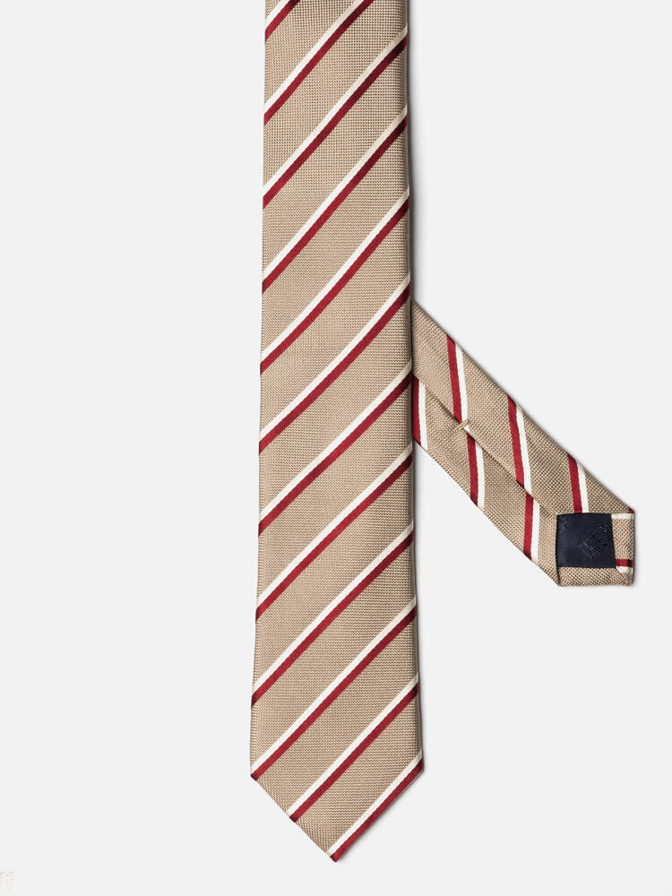 Corbata Bob estrecha en seda beige con rayas rojas