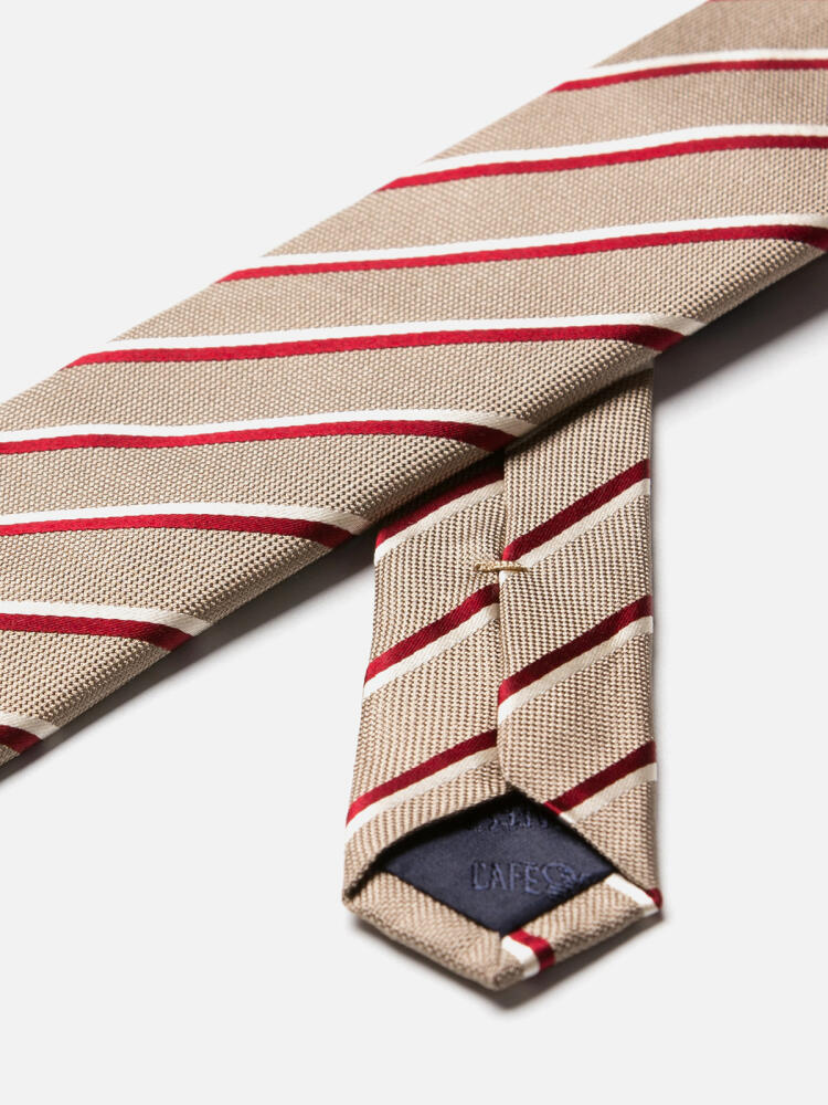 Corbata Bob estrecha en seda beige con rayas rojas