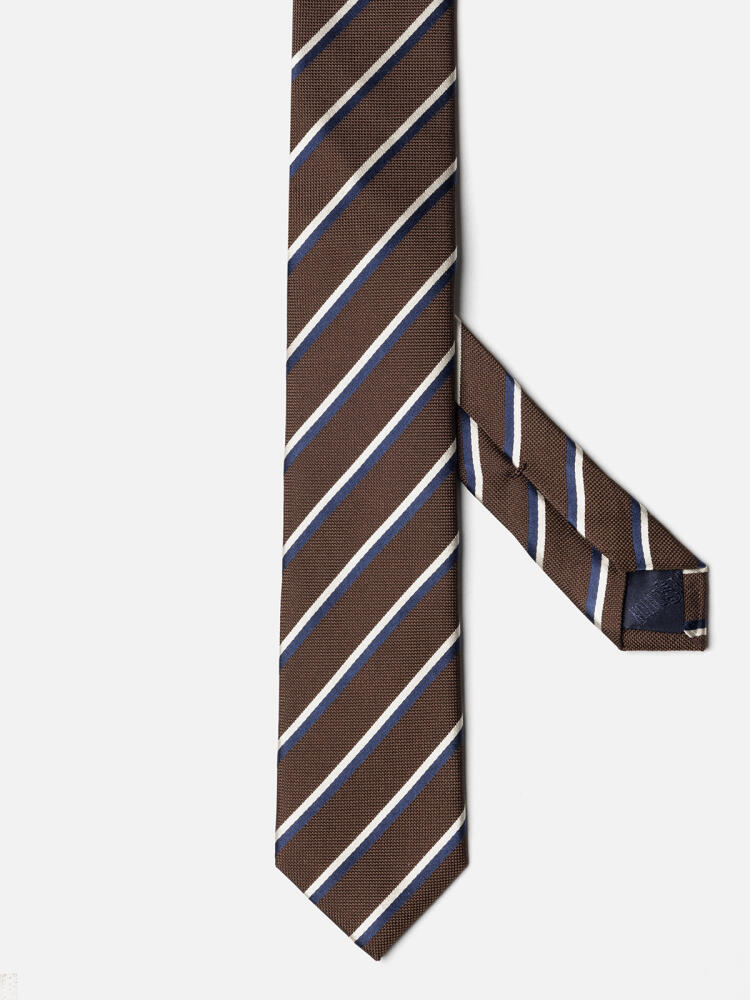 Brown silk Bob slim tie with navy stripes