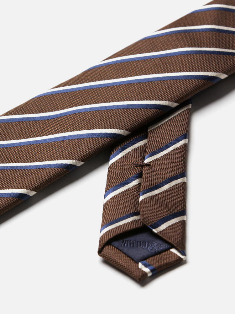 Brown silk Bob slim tie with navy stripes