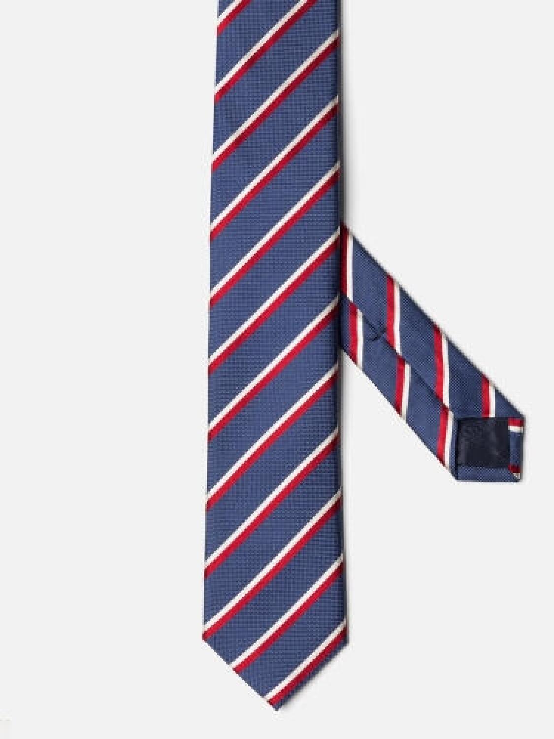 Cravate slim Bob en soie bleue à rayures rouges