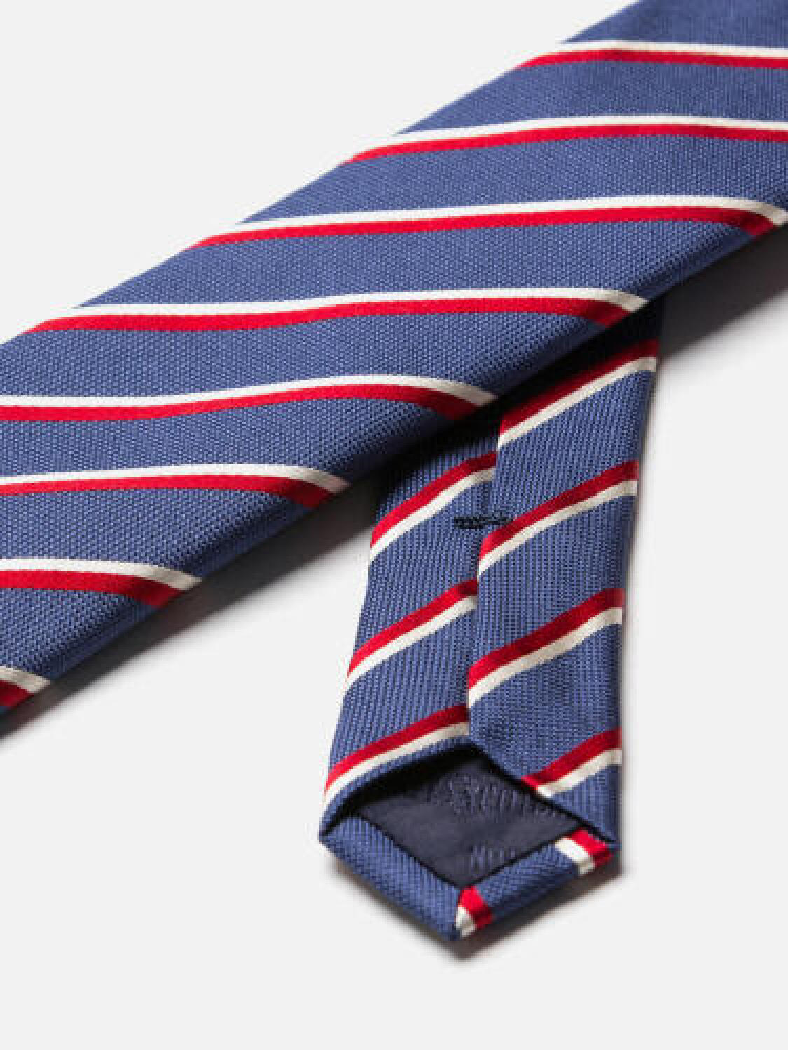 Cravate slim Bob en soie bleue à rayures rouges