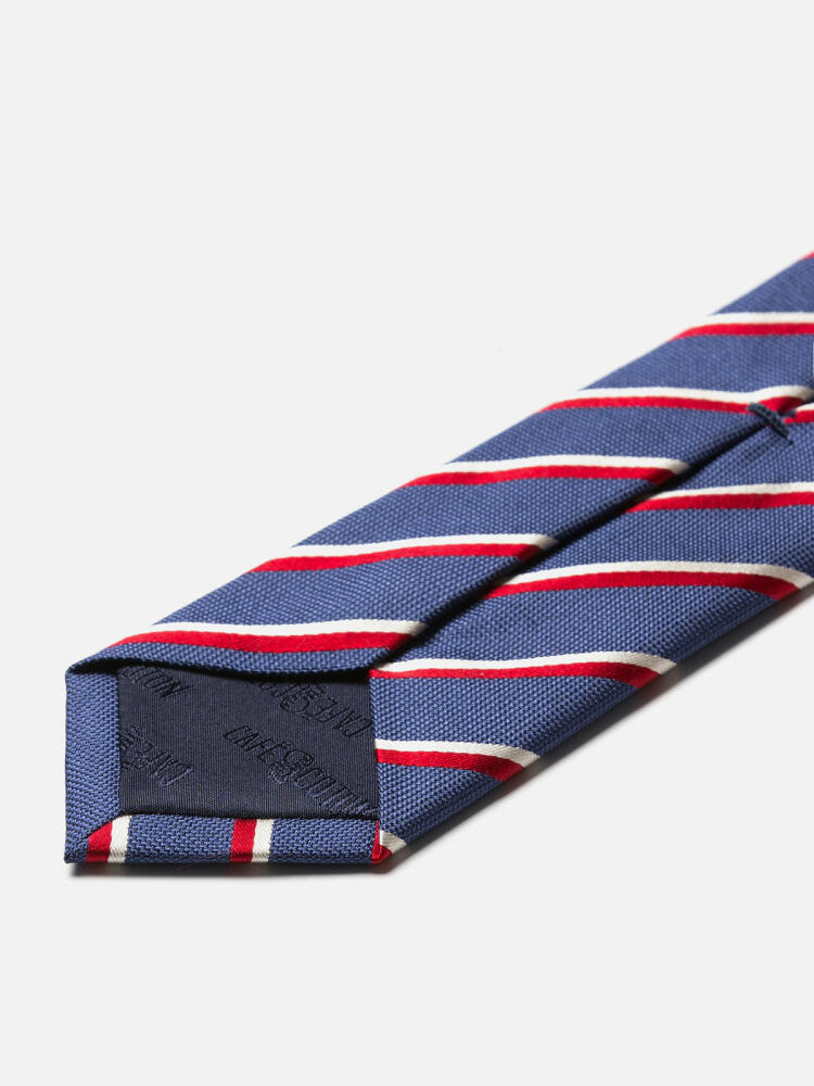 Slim Bob tie in blue silk with red stripes