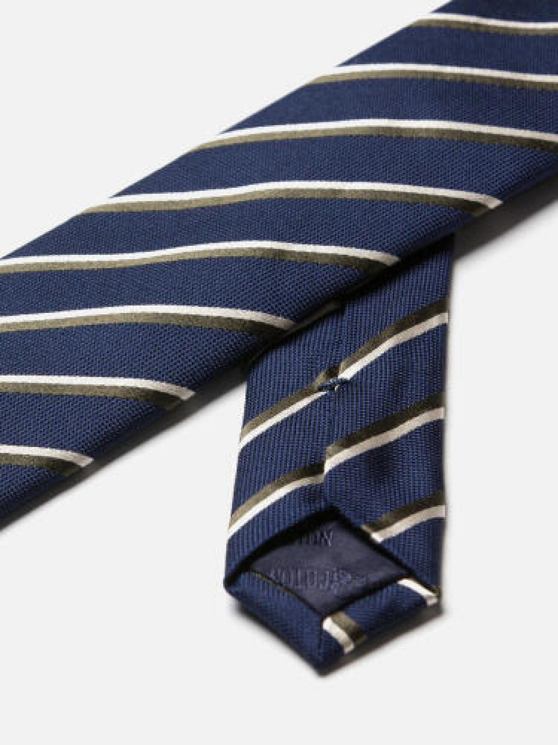 Cravate slim Bob en soie marine à rayures grises