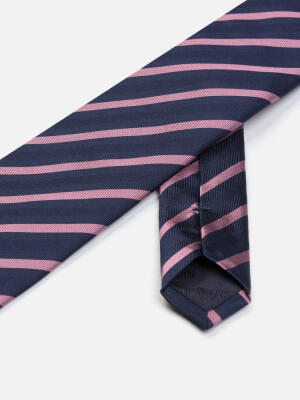 Cravate slim Brandy en soie marine &agrave; rayures rose