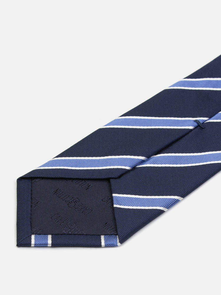 Cravate slim Chlog en soie marine &agrave; rayures bleues