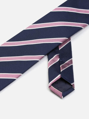 Cravate slim Chlog en soie marine &agrave; rayures rose