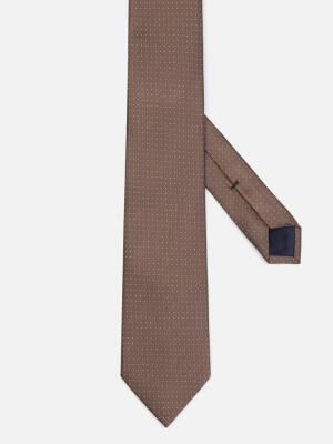 Cravate slim Leo en soie marron &agrave; pois beige