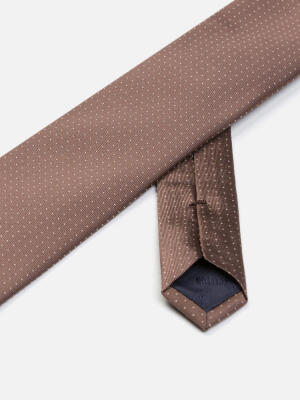 Cravate slim Leo en soie marron &agrave; pois beige