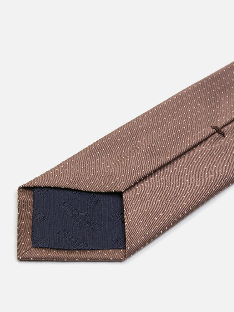 Cravate slim Leo en soie marron &agrave; pois beige