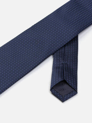 Cravate slim Leo en soie marine &agrave; pois bleus