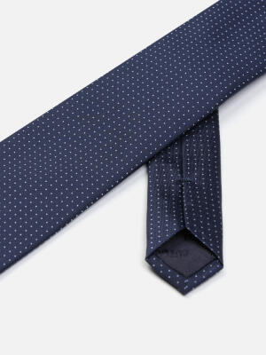 Cravate slim Leo en soie marine &agrave; pois ciel
