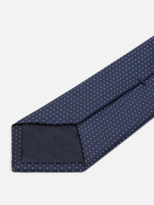 Cravate slim Leo en soie marine &agrave; pois ciel