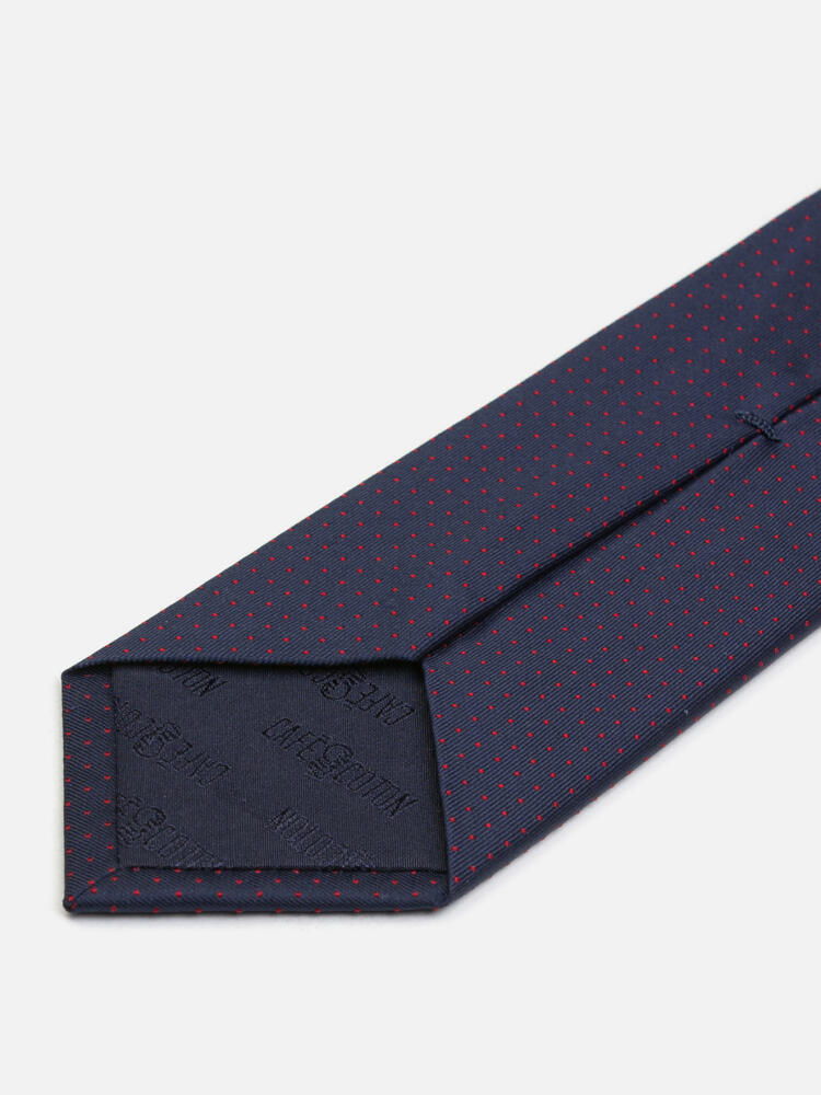Cravate slim Leo en soie marine &agrave; pois rouge