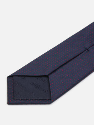 Cravate slim Leo en soie marine &agrave; pois rouge