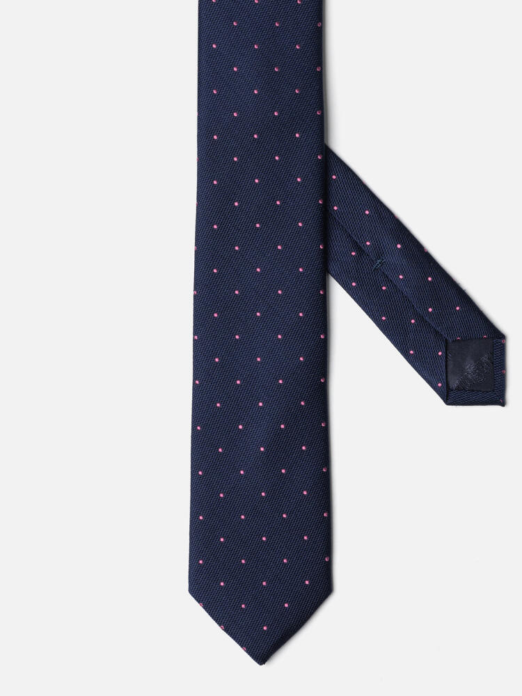 Slim silk tie with pink polka dots