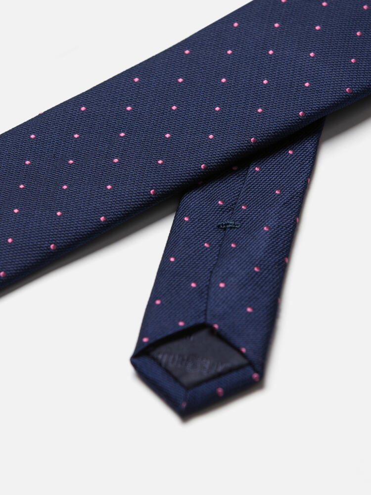 Slim silk tie with pink polka dots