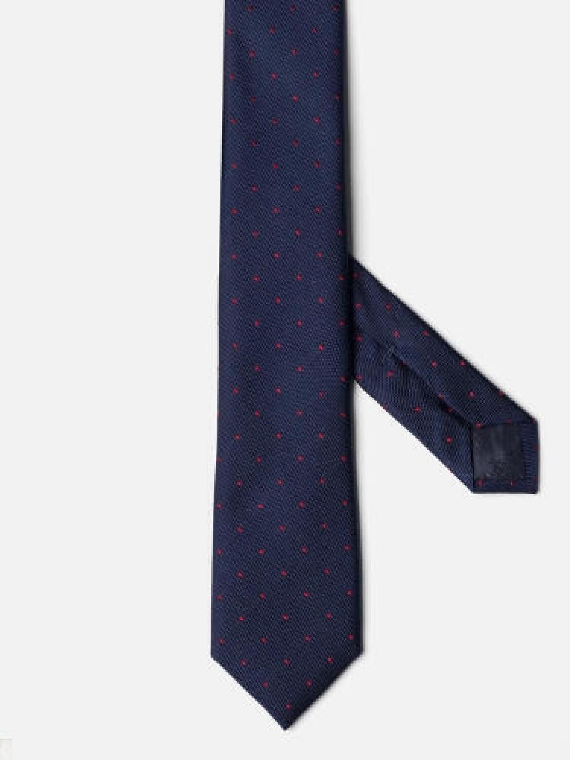Cravate slim Paolo en soie marine à pois rouges