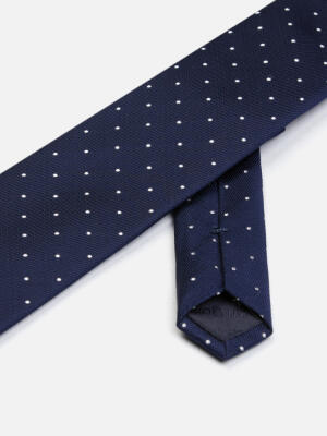 Cravate slim Raphi en soie marine &agrave; pois off-white