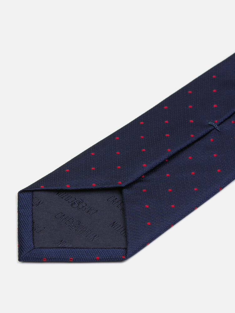 Cravate slim Raphi en soie marine &agrave; pois rouge