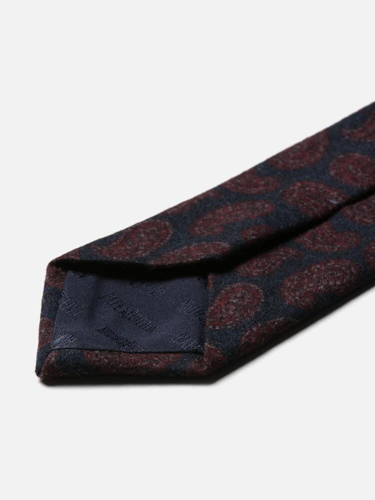 Corbata de lana y seda azul marino con estampado paisley burdeos