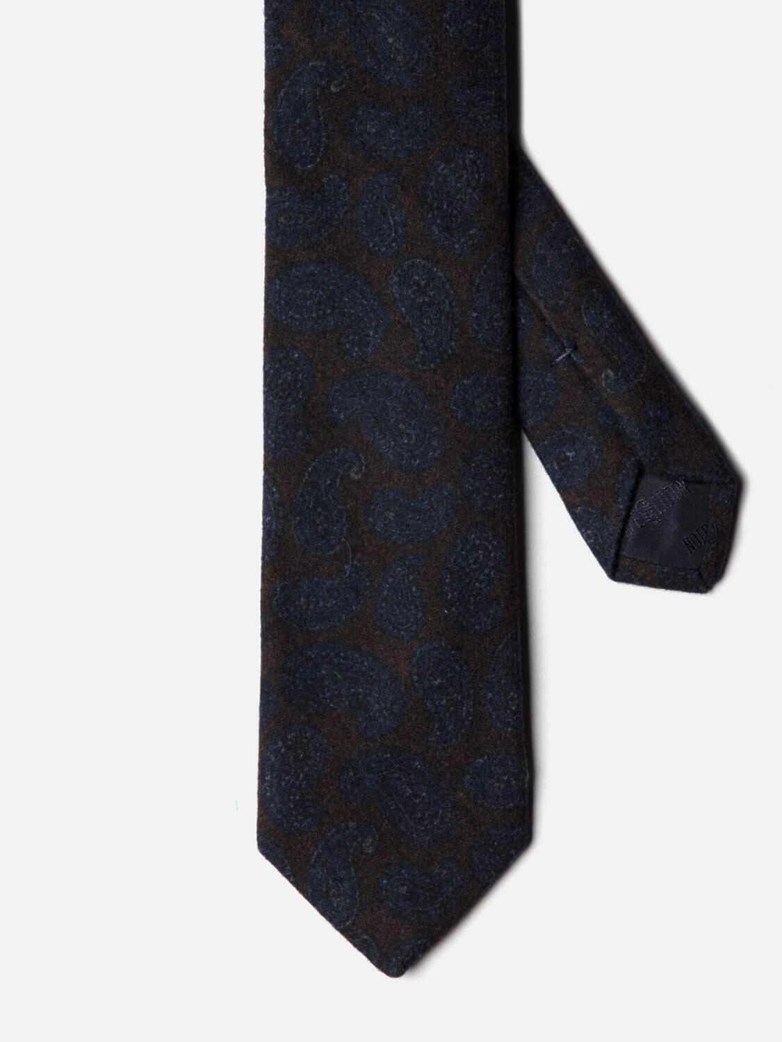 Cravate en laine et soie marron &agrave; motifs cachemire