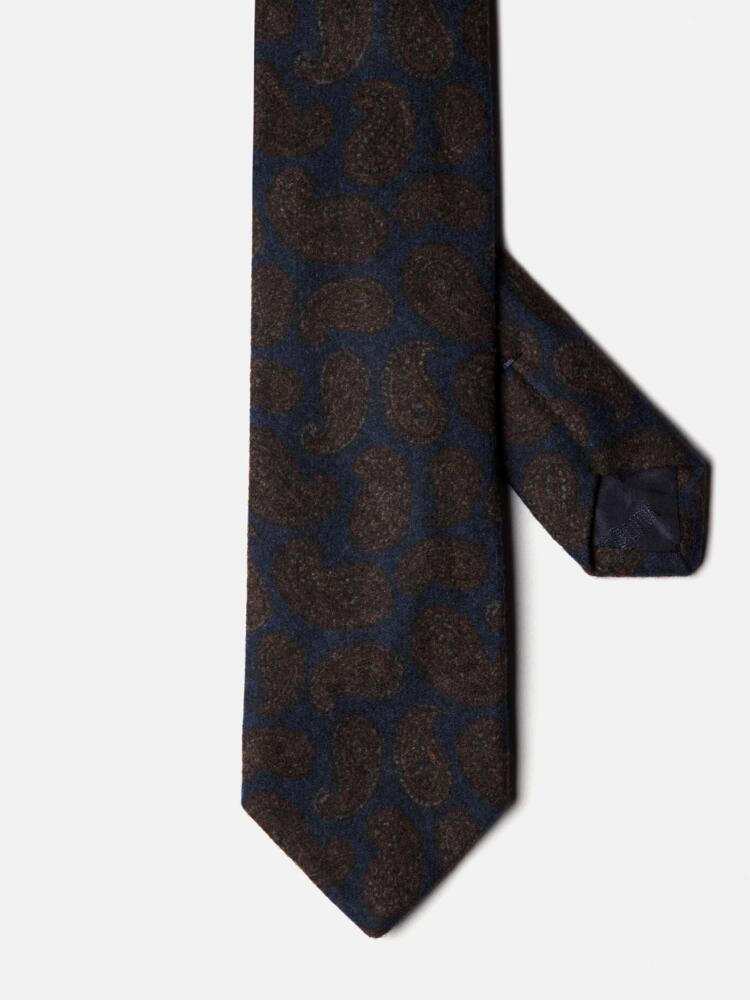 Corbata de lana y seda azul marino con estampado paisley marrón