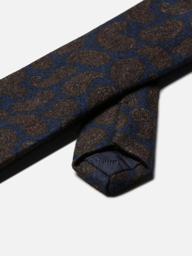 Navy brown Paisley print silk and wool tie