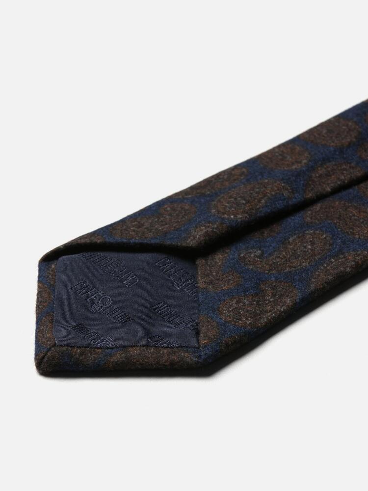 Corbata de lana y seda azul marino con estampado paisley marrón