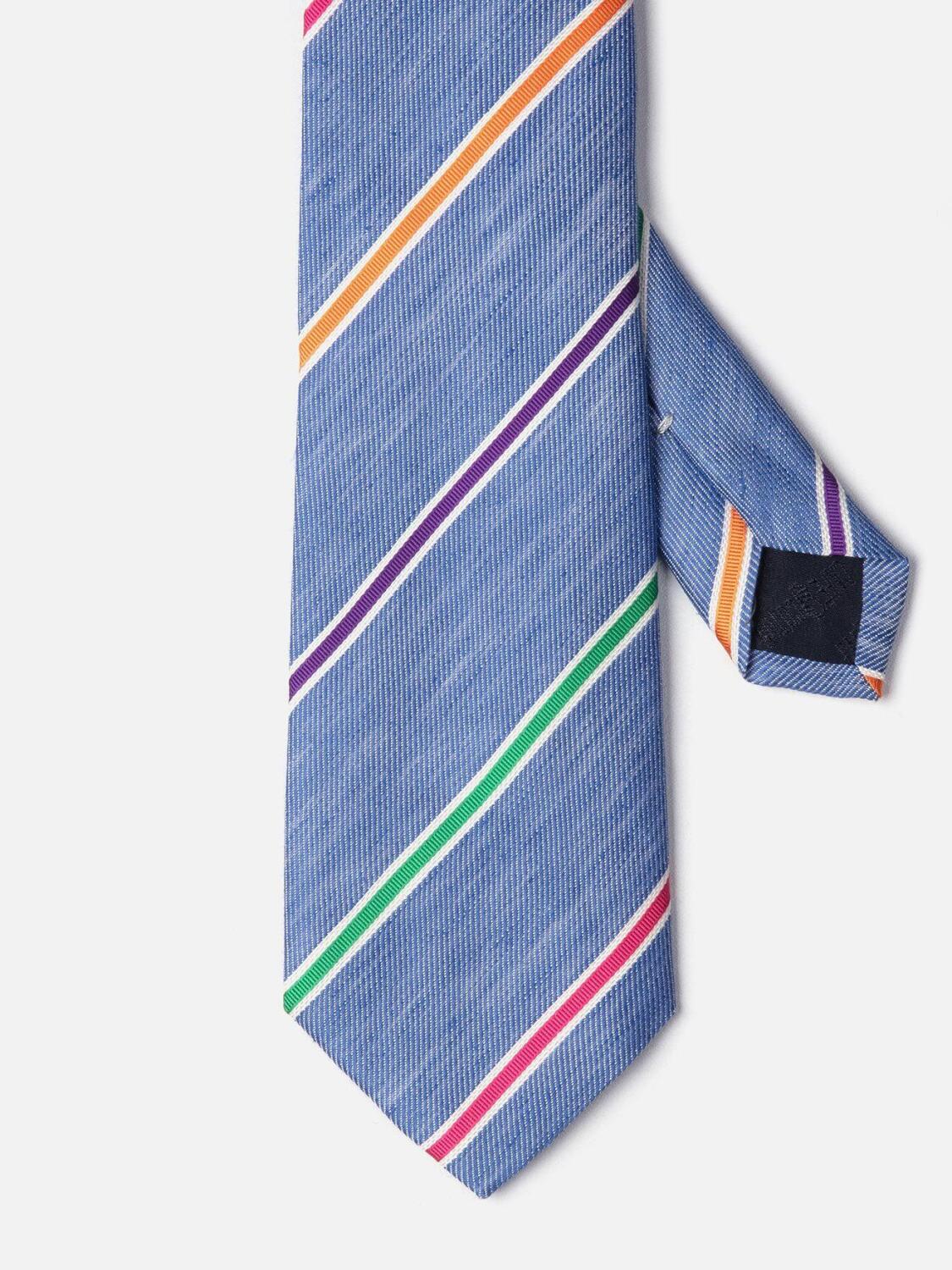 Cravate en soie et lin bleue &agrave; rayures multicolores
