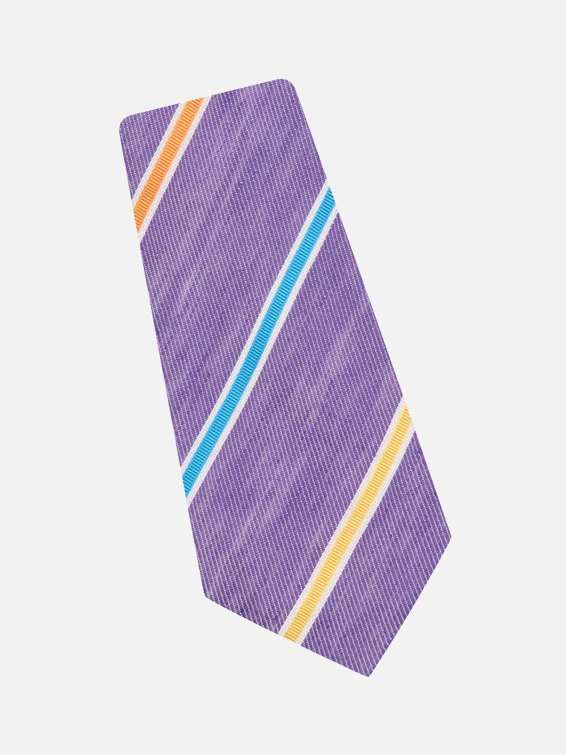 Cravate en soie et lin parme &agrave; rayures multicolores